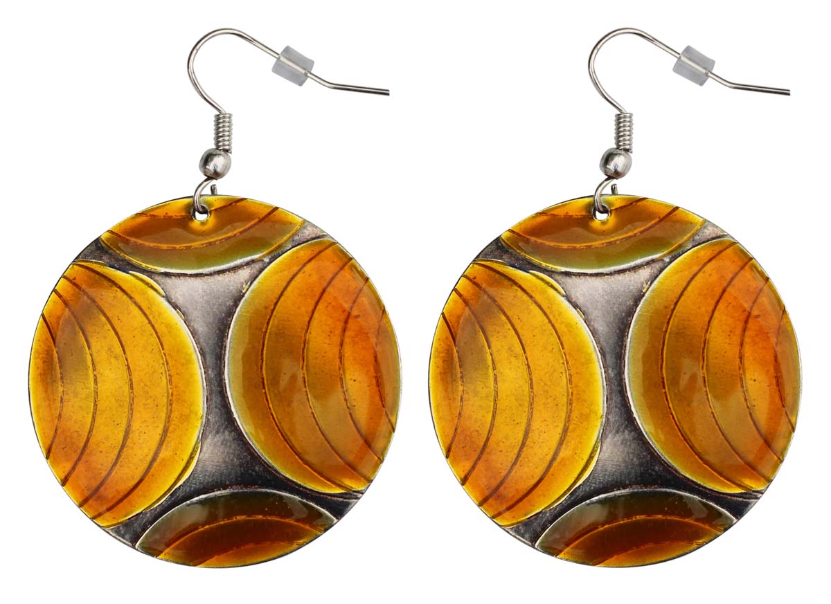 2.5” Pair of Round Hook Earrings in Brass - Etched Golden Tone on Silver - Drop Earrings / Women Fashion Jewelry - Buy in Bulk Wholesale
